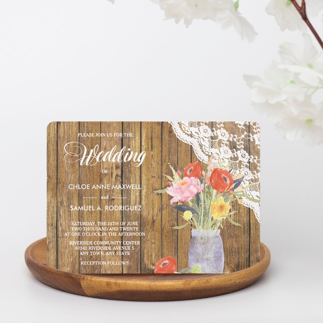 Invitación a la boda floral de Lace Wood Mason Jar (Subido por el creador)