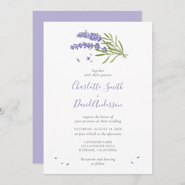 Invitación a la boda floral de lavanda morada (Anverso / Reverso)