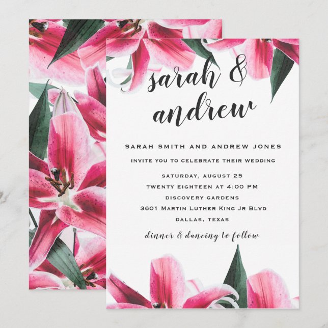 Invitación a la boda floral de Lily Stargazer Rosa (Anverso / Reverso)