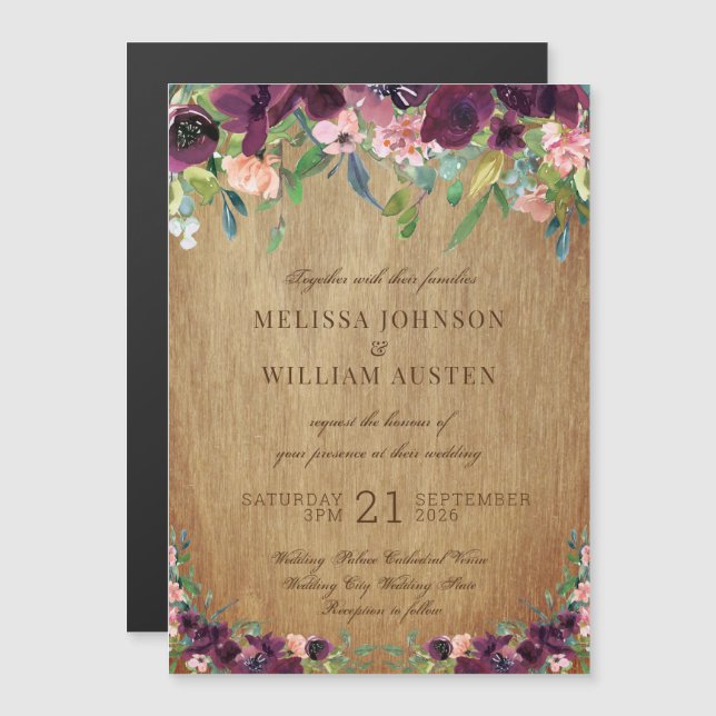 Invitación a la boda floral de madera rústica (Anverso/Reverso)