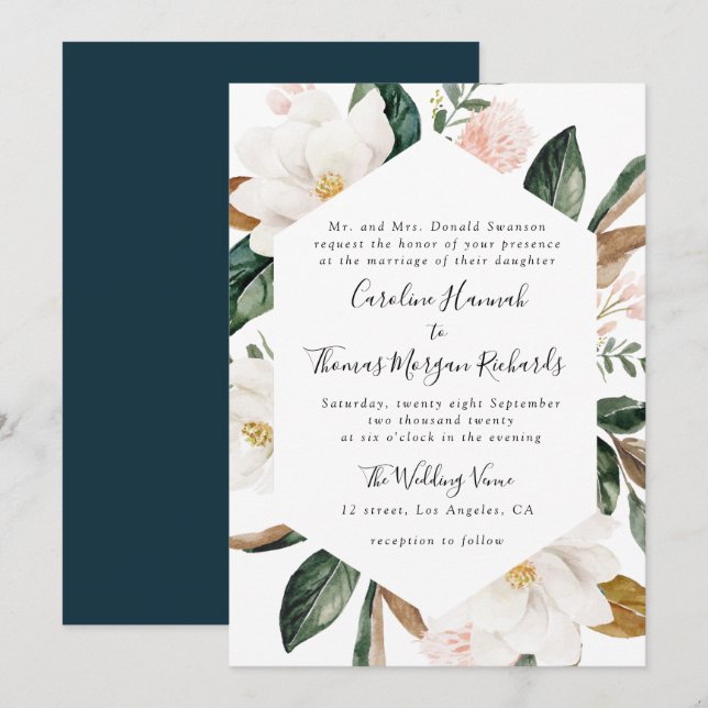invitación a la boda floral de magnolia (Anverso / Reverso)