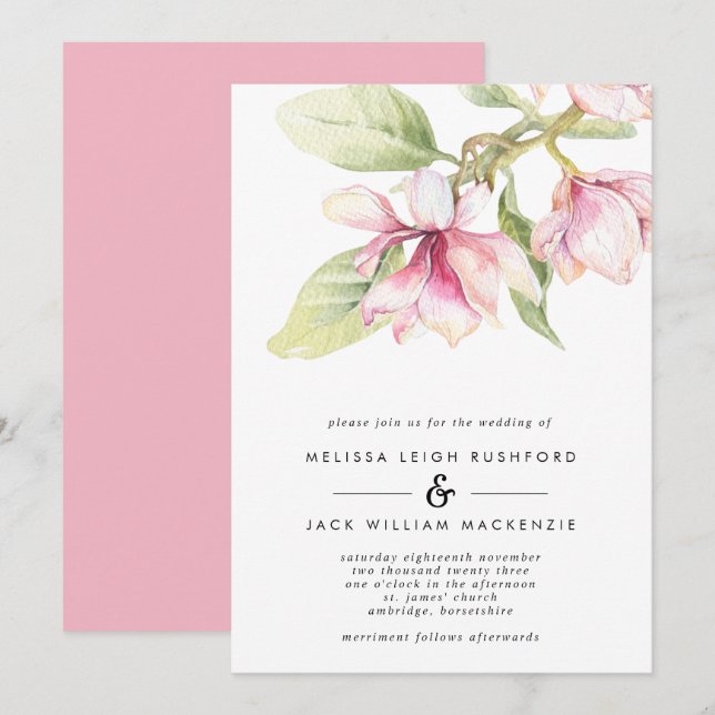 Invitación a la boda floral de Magnolias rosadas (Anverso / Reverso)