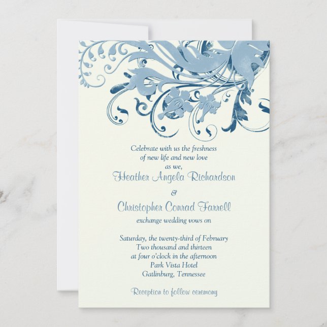 Invitación a la boda floral de marfil azul marino (Anverso)