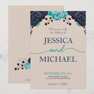 Invitación a la boda floral de marina y turquesa