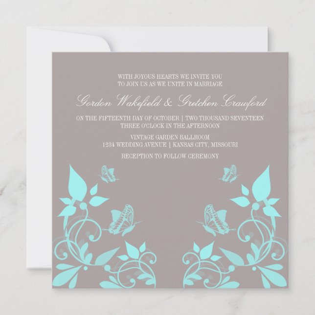 Invitación a la Boda Floral de Mariposa Aqua (Anverso)