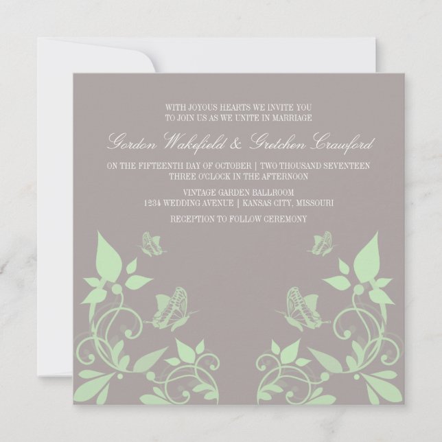 Invitación a la boda floral de mariposa verde (Anverso)
