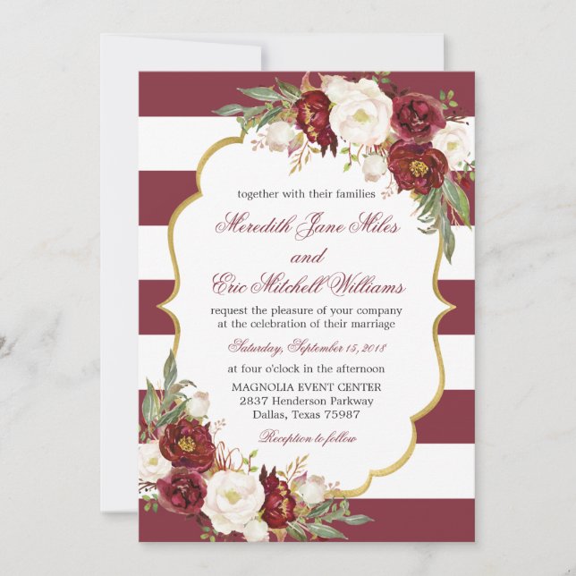 Invitación a la boda floral de Marsala a rayas (Anverso)