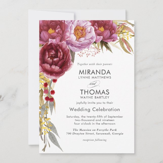 Invitación a la boda floral de marsala acuarela (Anverso)