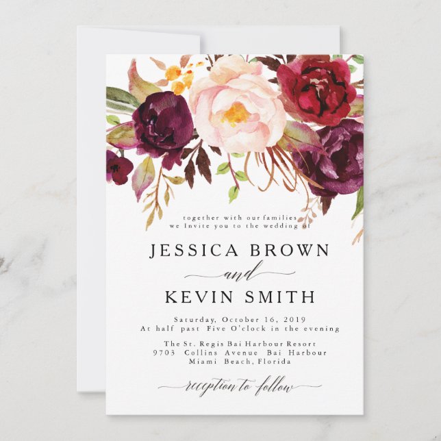 Invitación a la boda floral de Marsala Borgoña (Anverso)