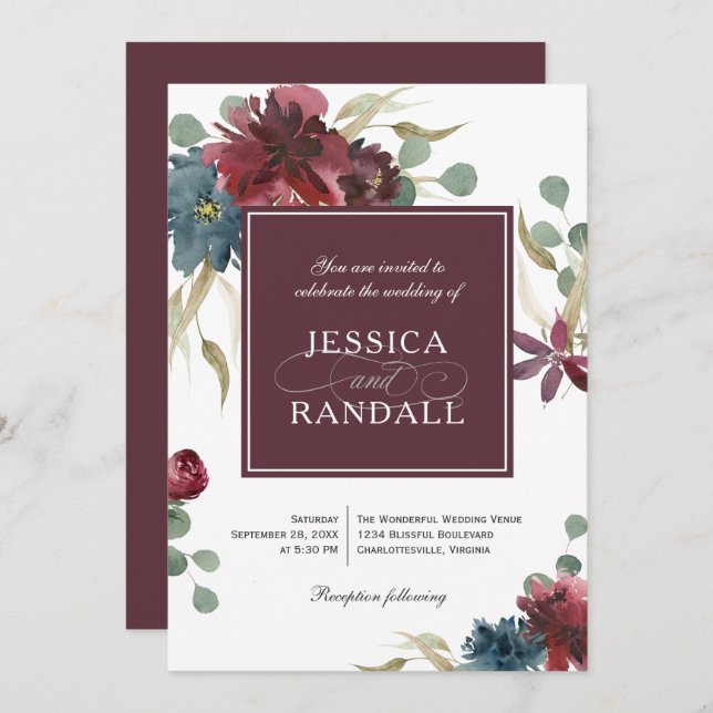 Invitación a la boda floral de Marsala, de raza ro (Anverso / Reverso)