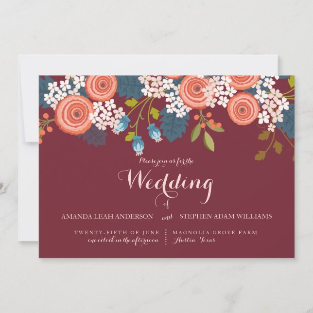 Invitación a la boda floral de Marsala en el jardí (Anverso)