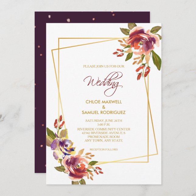 Invitación a la boda floral de Marsala Plum Rosas (Anverso / Reverso)
