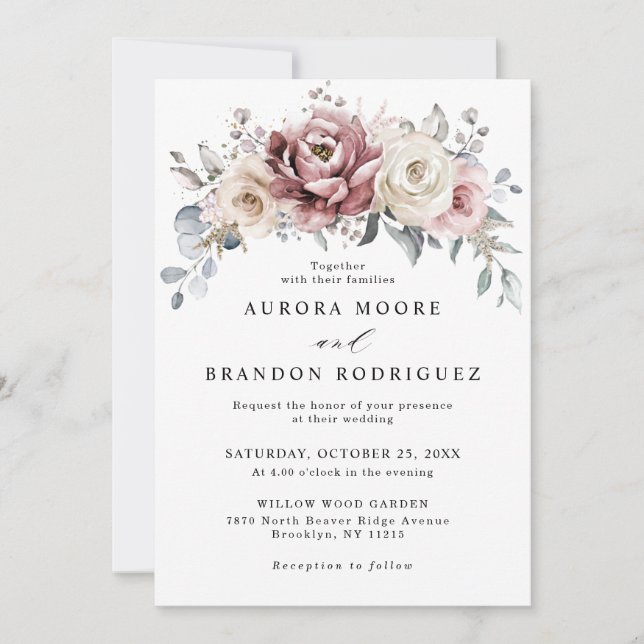 Invitación a la boda floral de Mauve Dusty Rosa Kh (Anverso)