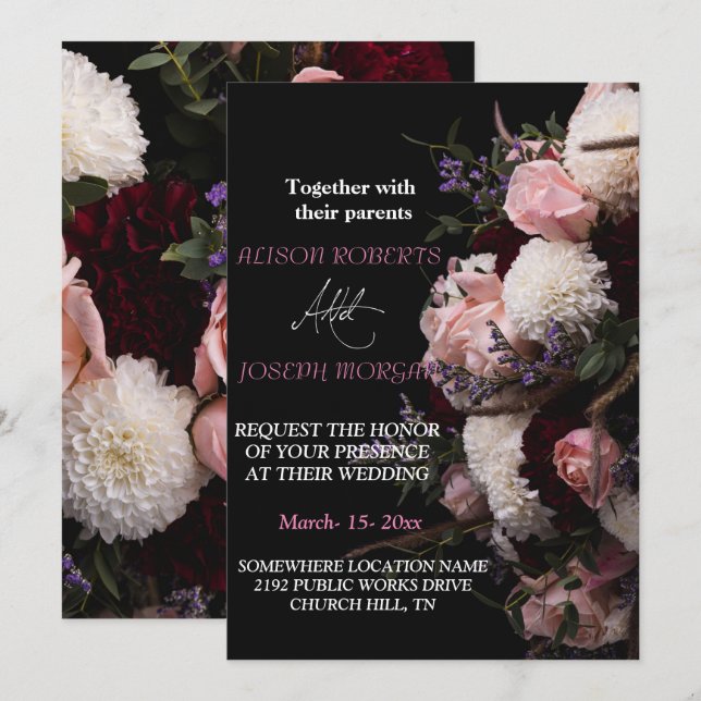 Invitación a la boda floral de moda burdeos (Anverso / Reverso)