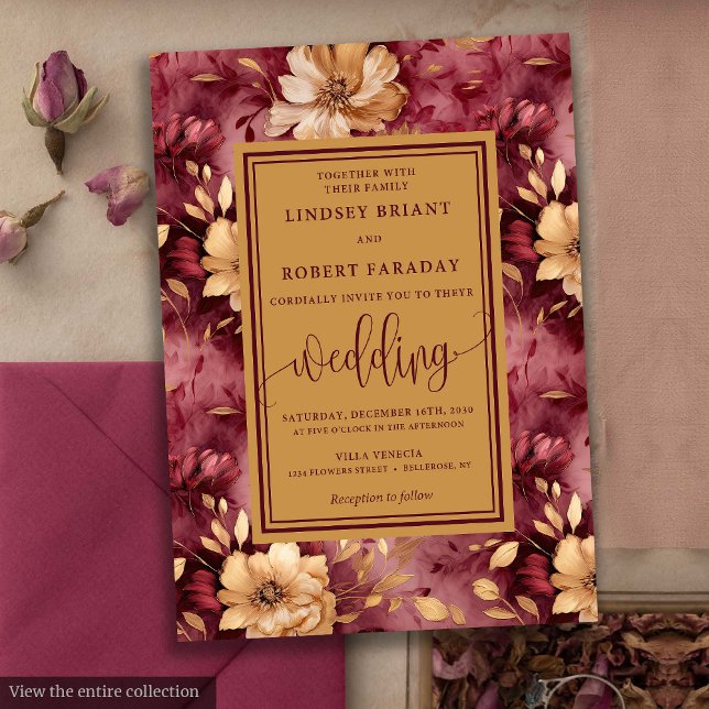 Invitación a la Boda Floral de moda Merlot Gold (Chic Luxury Merlot Gold Floral Wedding Invitation)
