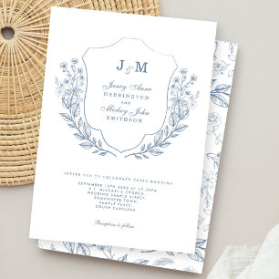 Invitación a la boda floral de monograma azul turb