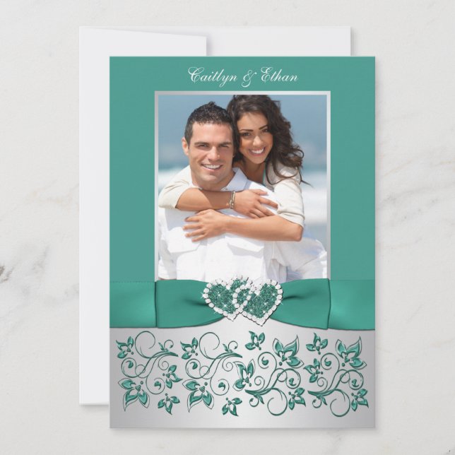 Invitación a la boda floral de Monograma Verde azu (Anverso)