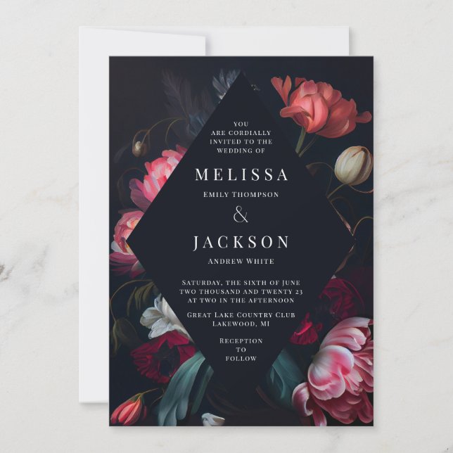 Invitación a la boda floral de Moody Peony (Anverso)
