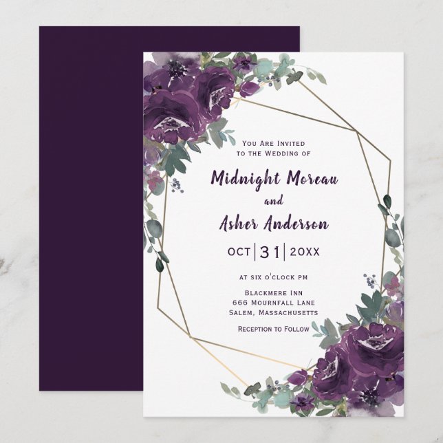 Invitación a la boda floral de Moody Purple Blooms (Anverso / Reverso)