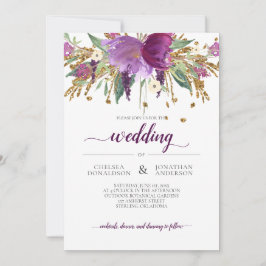Invitación a la boda floral de morado y oro