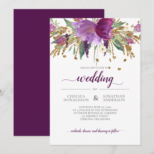 Invitación a la boda floral de morado y oro (Anverso / Reverso)