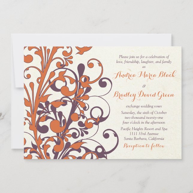 Invitación a la boda floral de Naranja púrpura de  (Anverso)