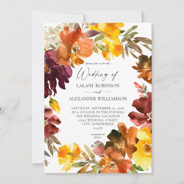Invitación a la boda floral de naranja y otoño ama (Anverso)