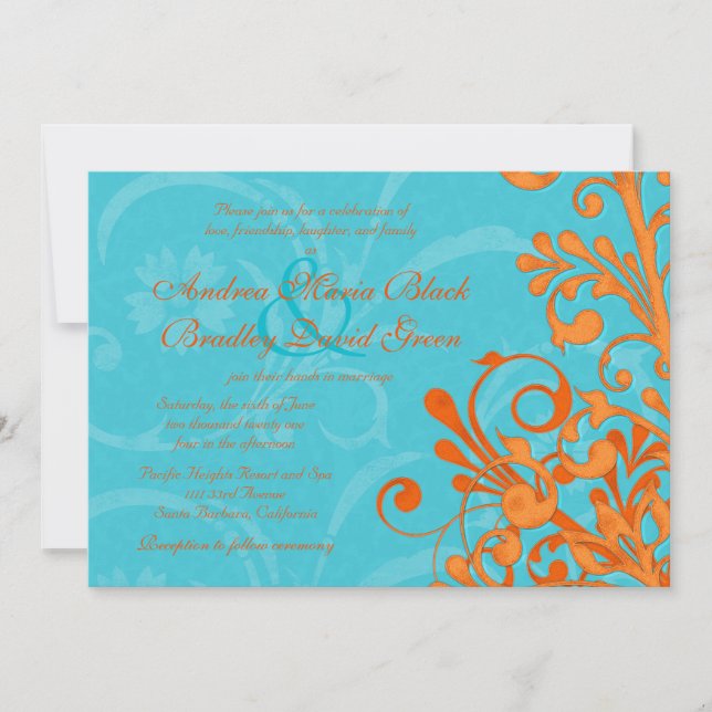 Invitación a la boda floral de Naranjas y de Aqua  (Anverso)