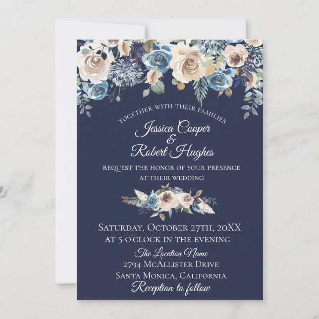 Invitación a la boda floral de Navy Blue Champagne (Anverso)
