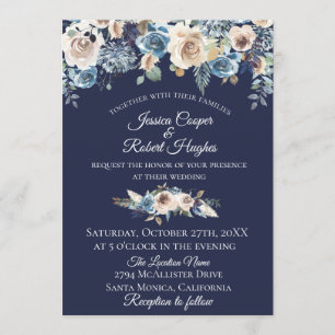 Invitación a la boda floral de Navy Blue Champagne