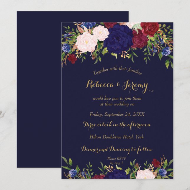 invitación a la boda floral de navy marsala wine (Anverso / Reverso)