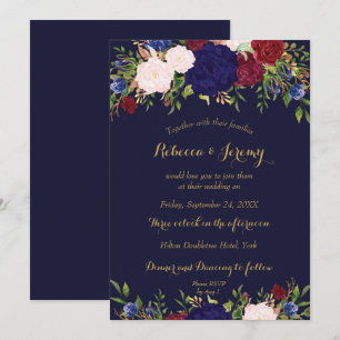 invitación a la boda floral de navy marsala wine