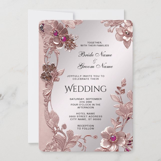 Invitación a la boda floral de ornato rosado (Anverso)