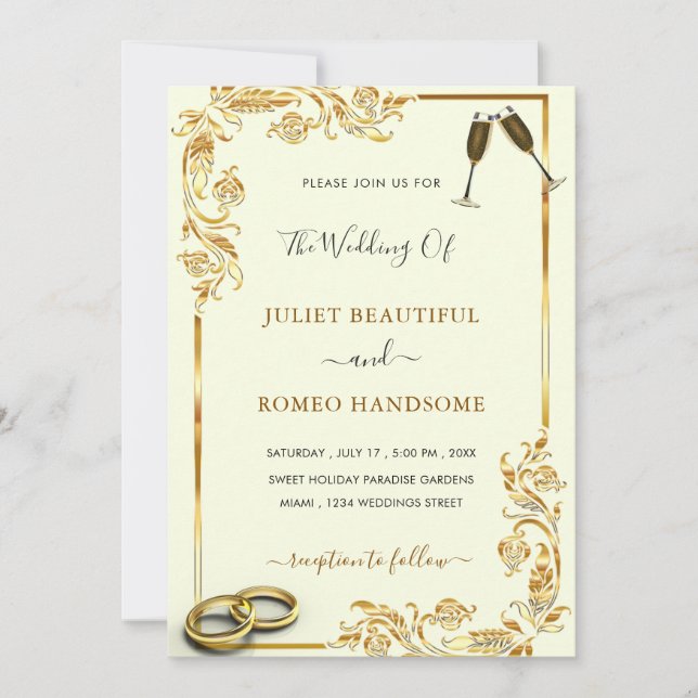 Invitación a la Boda Floral de Oro + Anillos y Cha (Anverso)
