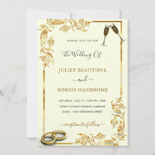 Invitación a la Boda Floral de Oro + Anillos y Cha