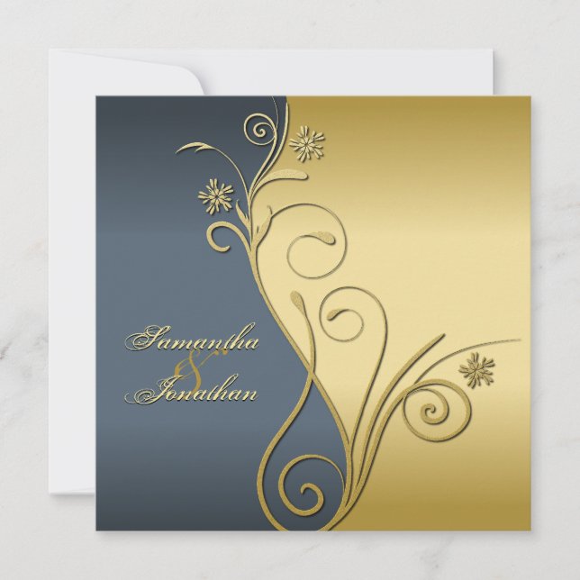 Invitación a la boda Floral de oro azul (Anverso)