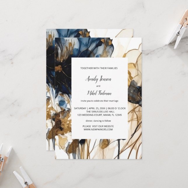 Invitación a la boda floral de oro azul de la Mari (Anverso/Reverso In Situ)