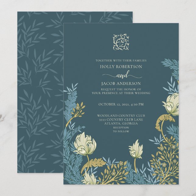 Invitación a la boda floral de oro azul verde azul (Anverso / Reverso)