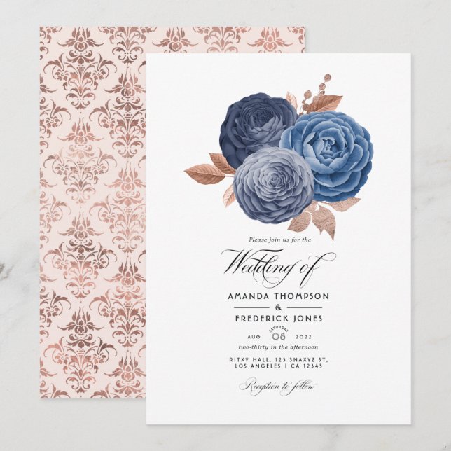 Invitación a la boda floral de oro azul y Rosa (Anverso / Reverso)