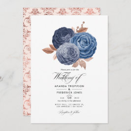 Invitación a la boda floral de oro azul y Rosa