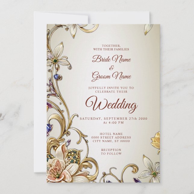 Invitación a la boda floral de oro blanco (Anverso)
