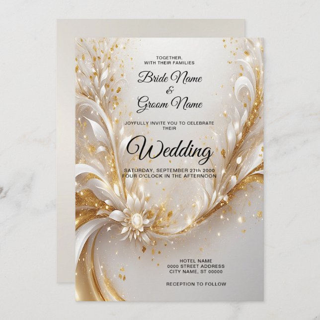 Invitación a la boda floral de oro blanco (Anverso / Reverso)