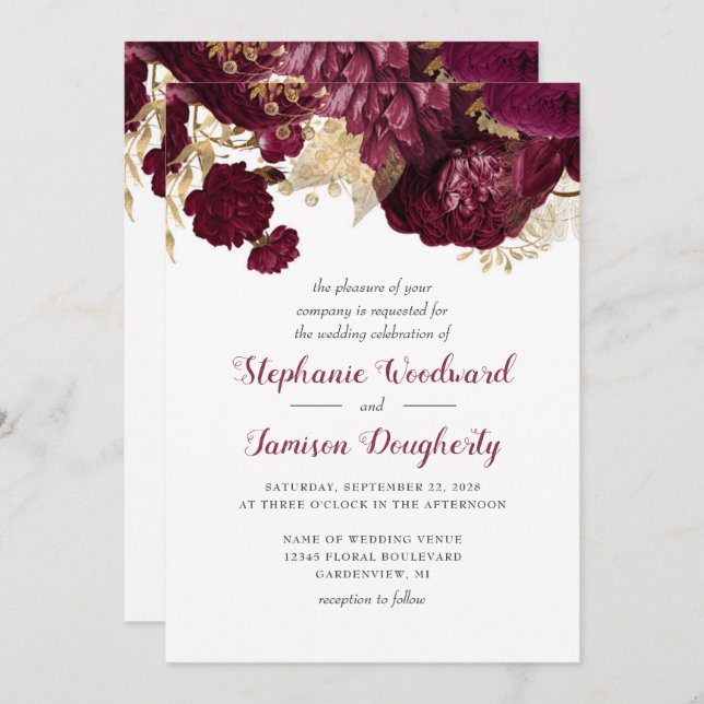 Invitación a la boda floral de oro de Borgoña (Anverso / Reverso)
