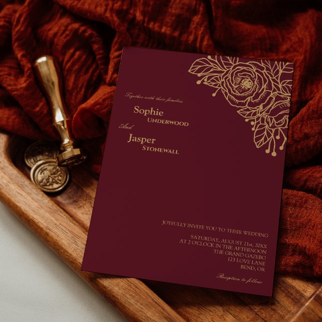Invitación a la boda floral de oro de Borgoña (Subido por el creador)