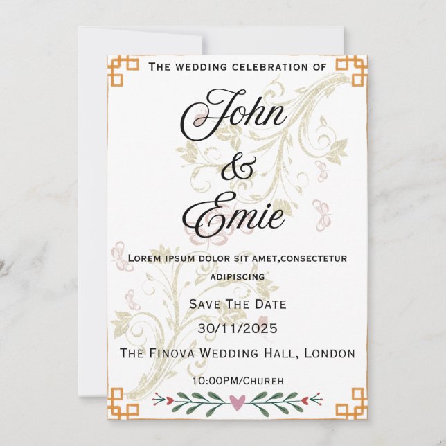 Invitación a la Boda Floral de Oro de Lujo (Anverso)