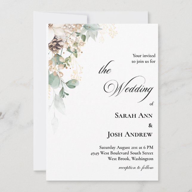 Invitación a la boda floral de oro en invierno (Anverso)