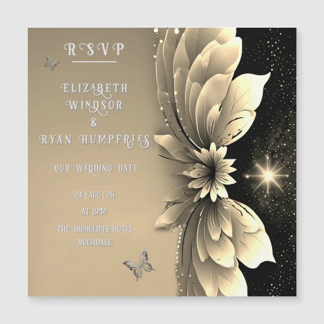 Invitación a la Boda Floral de Oro Metálico Modern (Anverso)