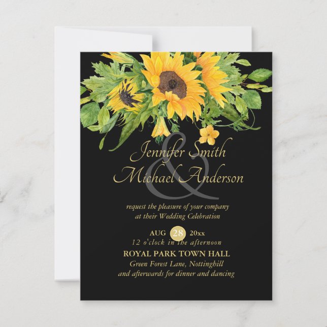 Invitación a la boda floral de oro negro con giras (Anverso)