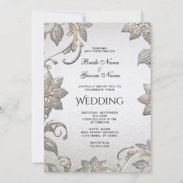 Invitación a la boda floral de oro plateado