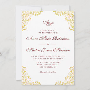 Invitación a la boda floral de oro rojo oscuro